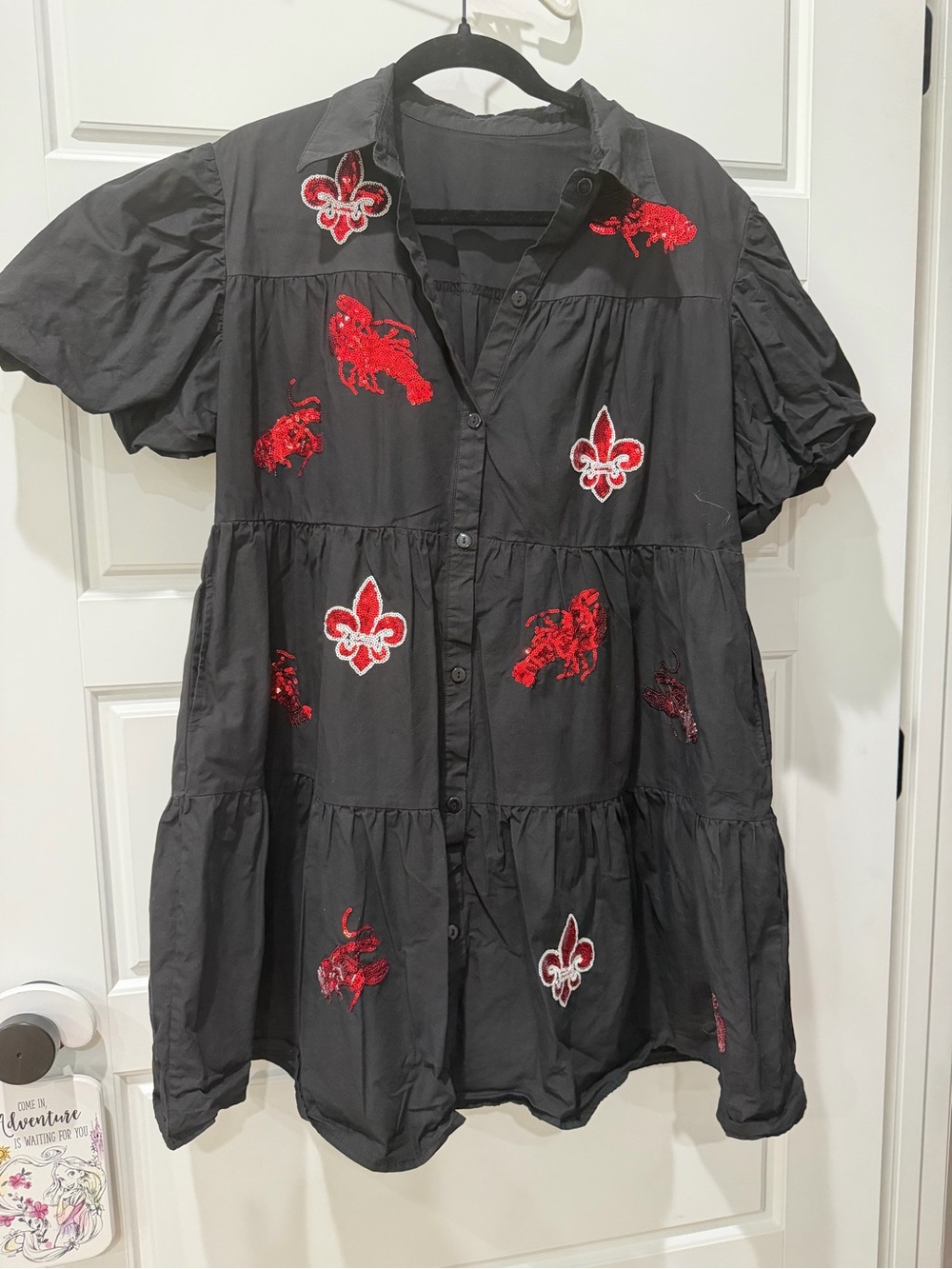 Black Button-Front Tiered Tunic with Red Embroidered Appliqués